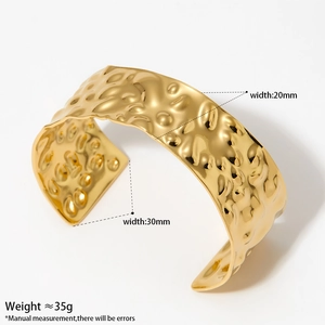 Irregular hammered gold stainless steel open bangle in 20mm and 30mm width options
