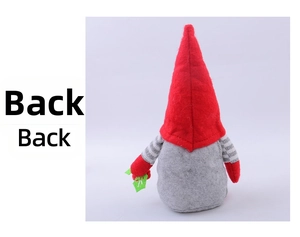 Detailed back view of a plush Christmas gnome featuring a long red hat and gray felt body