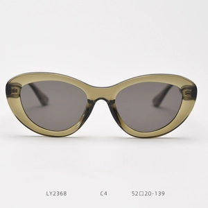 Detailed view of olive green cat eye sunglasses with size specs and model LY2368