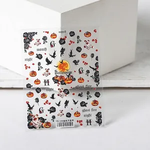 Autocollants 5D pour ongles Halloween avec citrouilles et chauves-souris sur adhésif transparent