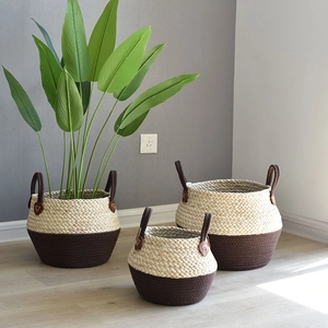 Handwoven nesting cotton rope storage baskets set with leather handles for home decor