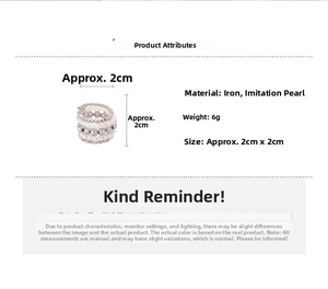 Detail view of multi-layer geometric ring with white faux pearls and silver metal beads