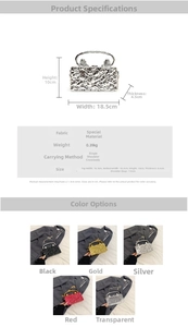 Detailed view of luxury acrylic evening bag with ring handle and measurements