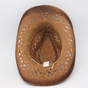 Detail of hand-woven paper fiber cowboy hat interior with sweatband and care label