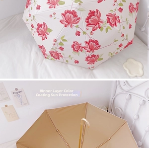 Detail of floral umbrella canopy with pink peonies and golden sun-protective inner coating