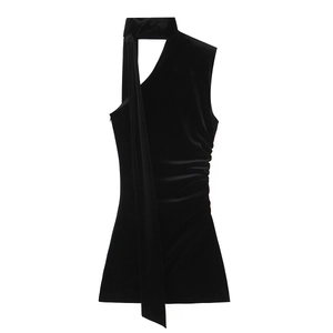 Robe Courte En Velours Noir Sans Manches Licou Asymétrique Plissée Moulante Soirée Élégante Sexy Clubwear Pour Femmes