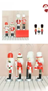 Detailed view of four wooden nutcracker soldier ornaments for Christmas tree decoration