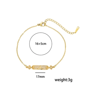 Adjustable golden stainless steel clover bracelet with sparkling zircon bar pendant