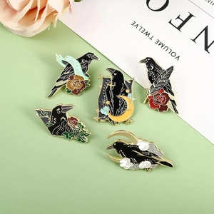 Raven Crow Enamel Brooch Pins Alloy Metal Gothic Dark Moon Rose Solitude Ribbon Clothing Jewelry Accessory