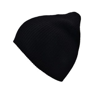Close-up of black ribbed knit beanie showing fine texture and warm elastic fabric