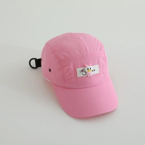 Detail of pink quick-dry kids cap with cartoon duck patch and adjustable back strap