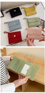 Short PU leather tri-fold wallet for women showing multiple card slots and colors