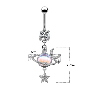 Star and moon belly ring with iridescent planet charm in silver stainless steel