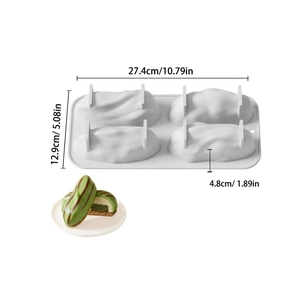 Detailed view of 4-cavity silicone mold for mousse cakes with dimension markings