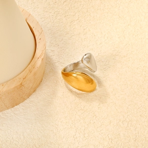 Modern two-tone teardrop open ring in gold and silver finish with minimalist mirror texture