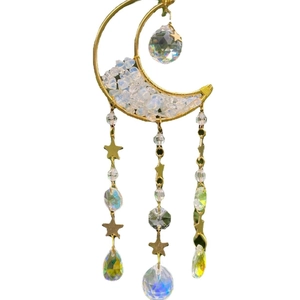 Bohemian gold moon sun catcher with natural white crystal stones and faceted glass beads