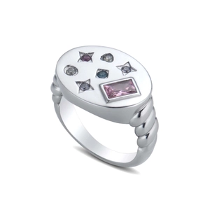 Anillo de sello de plata con gema rosa rectangular y circonitas de colores en estrella