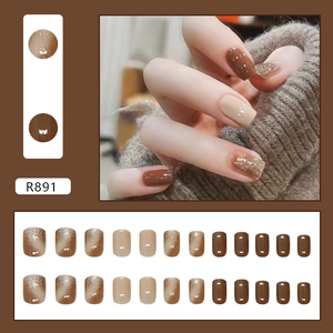 Brown marble cat-eye press-on nails with glitter finish in elegant square shape