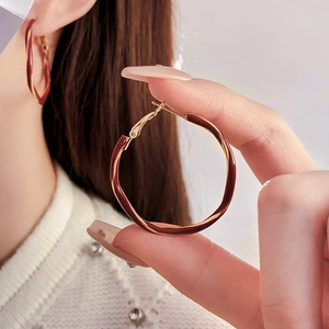 Macro detail of French vintage hoop earrings featuring red-brown enamel and gold plating