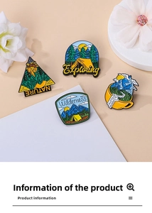 Detail of outdoor adventure enamel pins featuring tents, forests and mountain designs