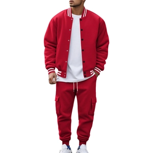 Detail of red American style baseball jacket and cargo pants with white stripe accents