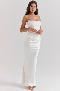Elegant white satin fishtail dress featuring corset-style bodice and pleated waist detail