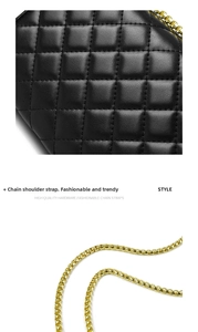 Detailed view of black quilted leather texture and premium gold chain strap of the handbag