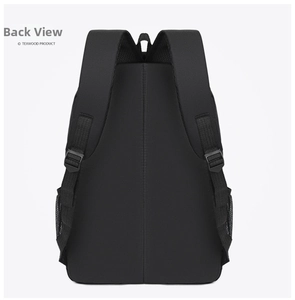 Detailed back view of black nylon backpack featuring padded shoulder straps and mesh pocket
