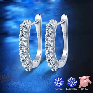 S925 silver moissanite hoop earrings with five round brilliant diamonds in a pink gift box
