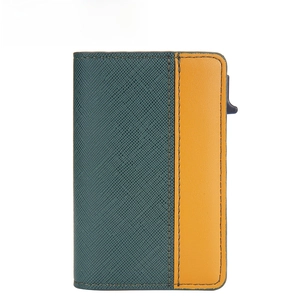 Baellerry RFID blocking card holder in contrast green and orange crosshatch leather