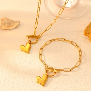 18k gold plated heart necklace and bracelet set with paperclip chain and OT toggle