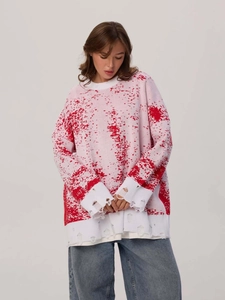 Women Distressed Oversized Knit Sweater Cotton Blend Splatter Print Frayed Hem Frayed Cuffs Crew Neck Long Sleeve Streetwear