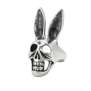 Punk style silver rabbit skull ring in stainless steel with a gothic vintage aesthetic