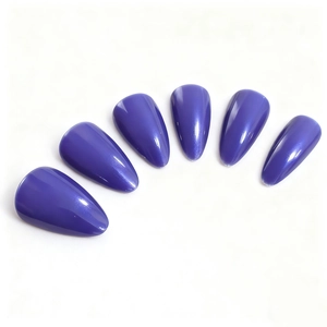 Long almond-shaped dark purple press-on nails with elegant pearlescent cat-eye finish