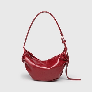 Large dark red pleated dumpling shoulder bag in glossy vintage soft leather style