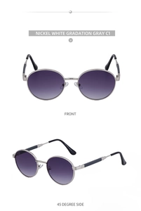 Detailed front and 45-degree side view of vintage round nickel frame sunglasses