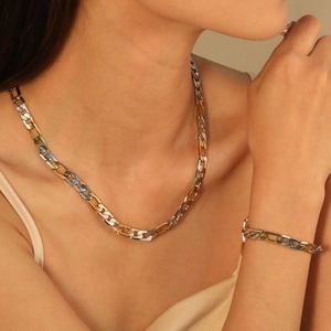 Hip hop two-tone gold and silver 8mm Cuban link chain necklace and bracelet jewelry set