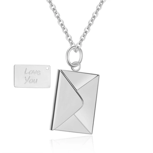 Polished stainless steel envelope pendant necklace with Love You engraved metal card
