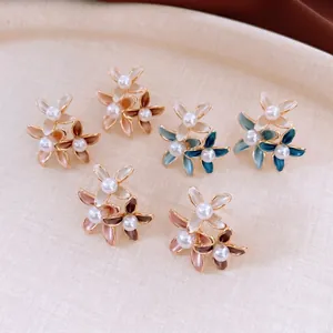 Elegant 18K gold plated pearl flower stud earrings in pink blue and brown colors