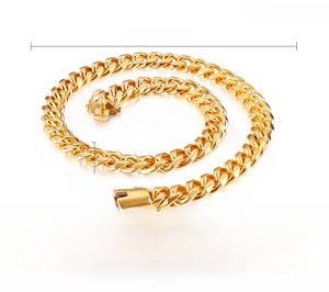 Detailed size chart for a 13mm thick gold stainless steel Cuban chain necklace