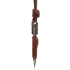 Close-up of brown leather cord necklace with vintage bronze arrow pendant detail