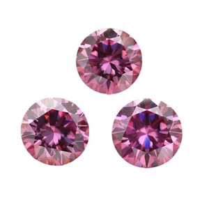 Three pink round brilliant cut moissanite stones with eight hearts and arrows facets
