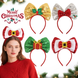Christmas Sequin Bow Hairband For Party Decoration Santa Claus Style Shiny Festive Hair Accessories For Women Kids Jewelry