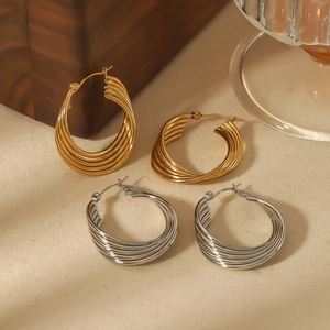 Orecchini A Cerchio Con Linee Intrecciate Multistrato Per Donna Acciaio Inossidabile Placcato Oro 18K Elegante