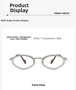 Detailed front view of silver metal glasses frame with clear lenses and sparkling crystals