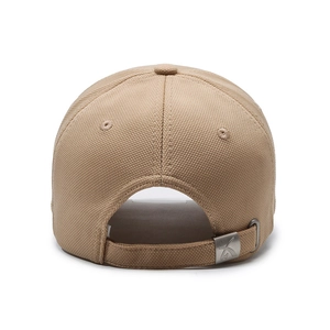 Khaki baseball cap back view with adjustable silver metal buckle and embroidery details