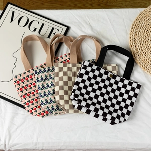 Sac À Main En Velours Côtelé Rétro À Carreaux Floraux Smiley Imprimé Petit Fourre-Tout Sac À Déjeuner Femmes
