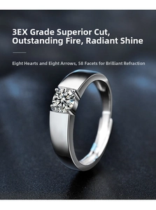 Detail of 3EX cut moissanite ring showing eight hearts and arrows on a wide silver band
