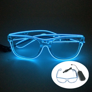 Macro shot of blue LED light wire on transparent glasses with connected power controller