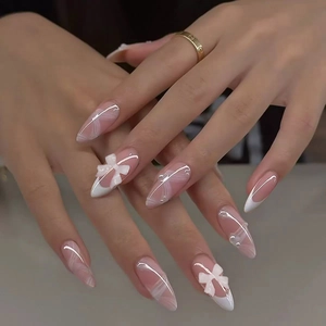 Press On Nails French Style Almond Shape Pink White ABS Plastic With 3D Bows And Artificial Pearls Sweet Elegant For Women